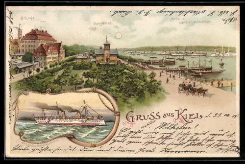 Lithographie Kiel, Strandpromenade und Dampfer, Schloss, leuchtender Mond bei Halt gegen das Licht