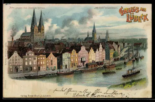 Lithographie Lübeck, Travepartie mit Blick auf die Stadt, Mondschein und leuchtende Fenster bei Halt gegen das Licht