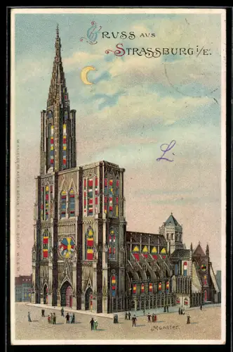 Lithographie Strassburg i. E., Münster, leuchtende Mondsichel bei Halt gegen das Licht