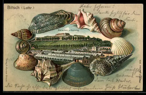Passepartout-Lithographie Bitsch, Baracken und Festung, Rahmen mit Muscheln