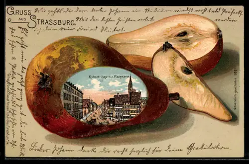 Passepartout-Lithographie Strassburg, Rabenbrücke mit dem Fischmarkt, Strassenbahn, Birne