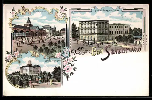 Lithographie Bad Salzbrunn, Hotel deutscher Adler, Neue Elisenhalle