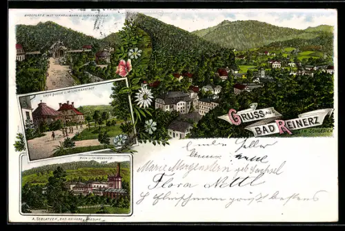 Lithographie Bad Reinerz, Totalansicht aus der Vogelschau, Badeplatz, Laue Quelle