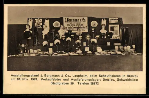 AK Breslau, Ausstellungsstand J. Bergmann & Co. aus Laubheim im November 1929, Friseur