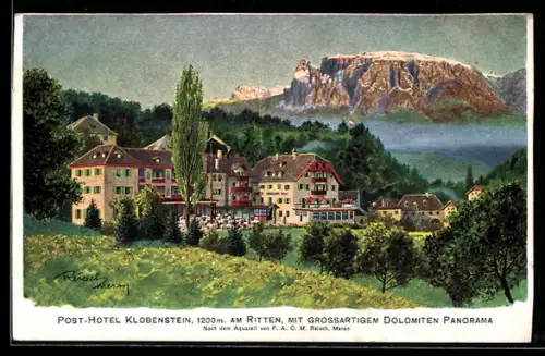 Künstler-AK F.A.C.M. Reisch: Klobenstein, Post-Hotel mit Dolomiten Panorama
