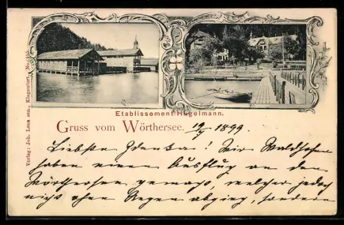 AK Maria Wörth /Wörthersee, Etablissement Hegelmann, Partie am Quai mit Ruderboot