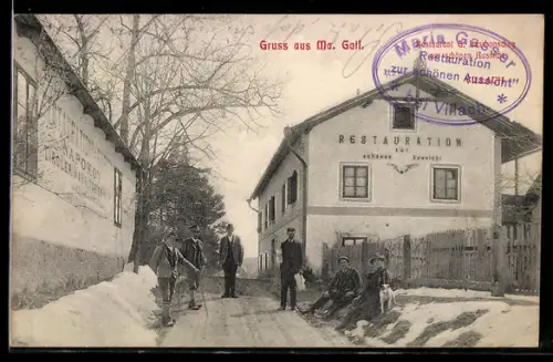 AK Villach, Gruss aus Maria Gail, Verschneite Ortspartie mit Restaurant zur schönen Aussicht