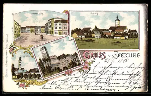 Lithographie Eferding, Totalansicht mit Kirche, Schaumburg, Unterer Platz