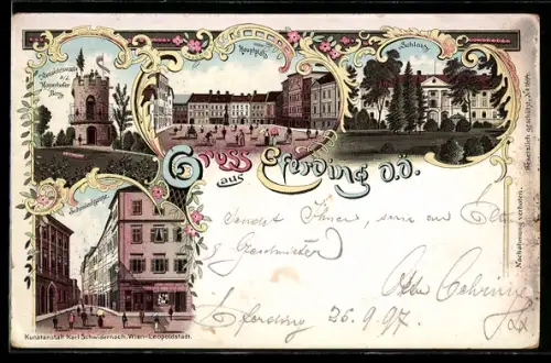 Lithographie Eferding /O. Ö., Schmiedgasse, Aussichtswarte und Schloss