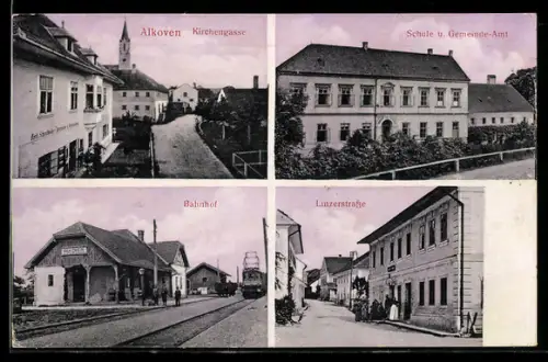 AK Alkoven, Kirchengasse, Schule u. Gemeinde-Amt, Bahnhof, Linzerstrasse