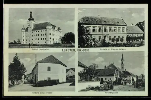 AK Alkoven /Ob.-Oest., Schloss Hartheim, Kirchengasse, Schule und Gemeindehaus