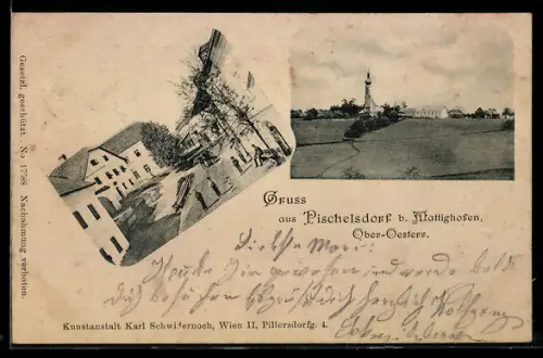 AK Pischelsdorf b. Mattighofen, Totalansicht des Ortes mit Kirche und Strassenpartie