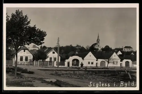 AK Sigless i. Bgld., Teilansicht des Ortes mit Kirche und Wohnhäusern