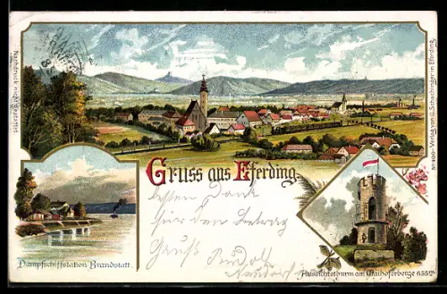 Lithographie Eferding, Ortsansicht, Aussichtsturm am Maihoferberg