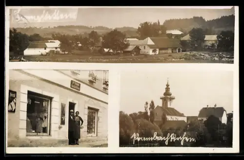 AK Prambachkirchen, Gemischwarenhandlung A. Pulver, Persil-Reklame, Blick zur Kirche