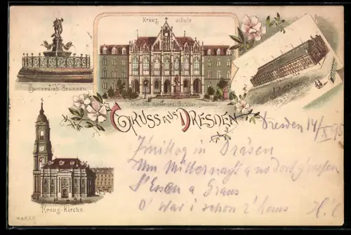 Vorläufer-Lithographie Dresden, 1895, Kreuzschule, Gänsedieb-Brunnen, Markthalle und Kreuz-Kirche