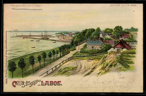 Lithographie Laboe, Ortspartie und Booten, Sonnenaufgang, Halt gegen das Licht