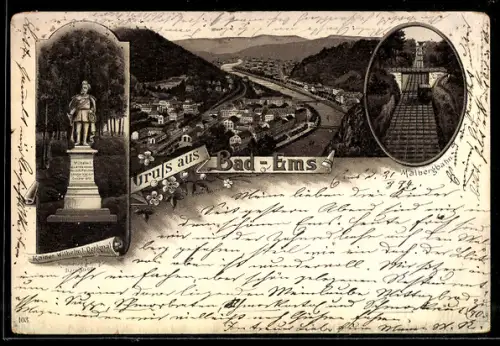 Vorläufer-Lithographie Bad-Ems, 1894, Strecke der Malbergbahn, Kaiser Wilhelm Denkmal