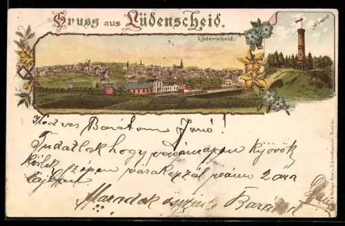 Lithographie Lüdenscheid, Totalansicht des Ortes und Homert