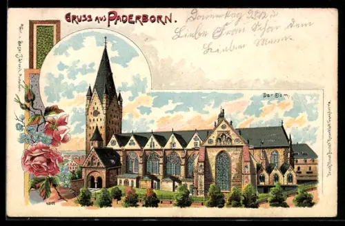 Lithographie Paderborn, Dom in der Aussenansicht mit Rosen im Passepartout