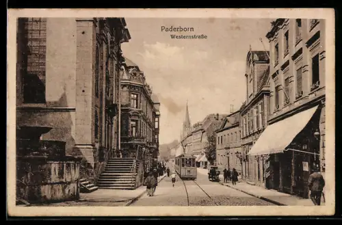 AK Paderborn, Strassenbahn und Passanten auf der Westernstrasse