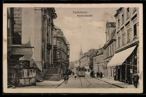 AK Paderborn, Strassenbahn und Passanten auf der Westernstrasse