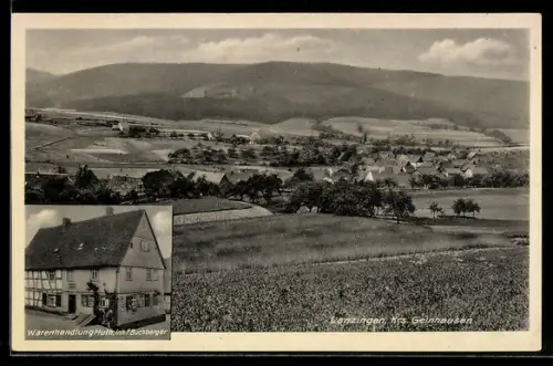 AK Lanzingen /Gelnhausen, Warenhandlung Huth, Inh. F. Buchberger, Totalansicht