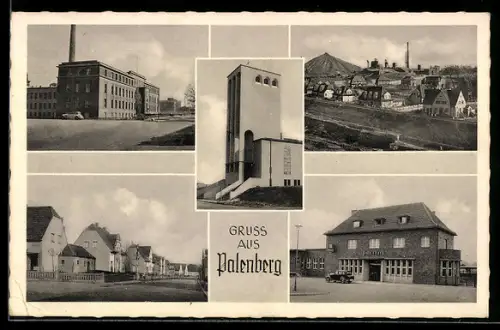 AK Palenberg, Bahnhof, Kirche, Wohnhäuser und Fabrik