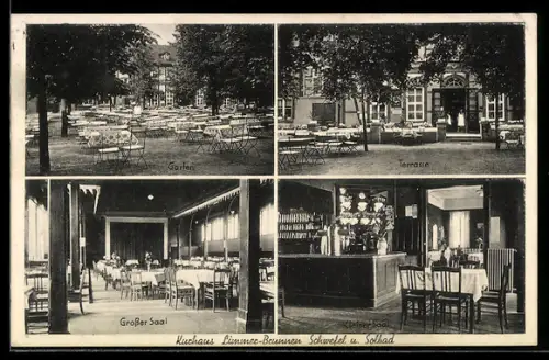 AK Limmer / Hannover, Gasthof Limmerbrunnen, Innenansichten grosser und kleiner Saal, Garten