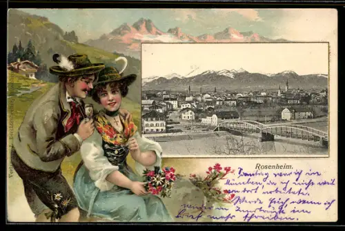 Passepartout-Lithographie Rosenheim, Teilansicht aus der Vogelschau, Bayerisches Paar in Tracht
