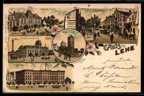 Lithographie Lehe, Gasthaus Englischer Garten, Mügge`s Dampfmühle, Hafenstrasse, Wasserkunst, Caserne