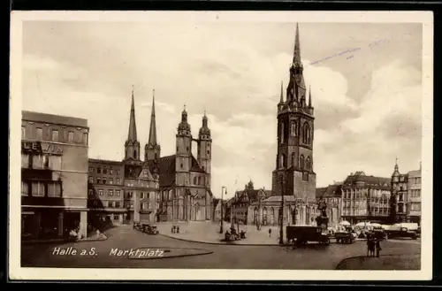 AK Halle a. S., Marktplatz, Neubau mit Kaufhaus Lewin, Kirche