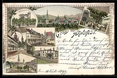 Lithographie Arnstadt, Marktplatz, Bad Ried, Burhaus, Gymnasium, Eremitage, Marlitzheim um 1900