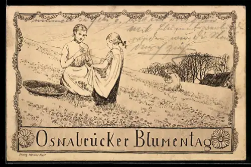 AK Osnabrück, Osnabrücker Blumentag, Frau und Kinder auf einer Blumenwiese