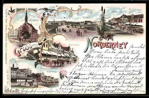 Lithographie Norderney, Kath. Kirche, Kaiserstrasse, Viktoriastrasse