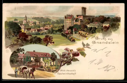 Lithographie Gnandstein, Wilh. Herold`s Gasthaus
