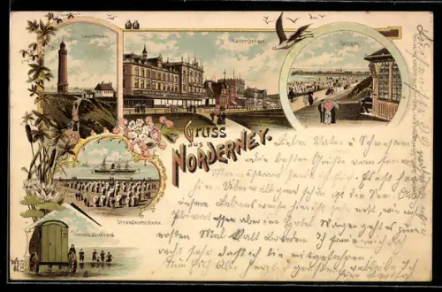 Lithographie Norderney, Damenbadestrand, Kaiserstrasse, Seesteg