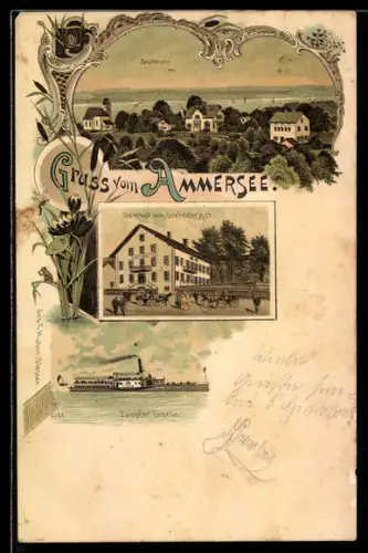 Lithographie Breitbrunn a. Ammersee, Gasthof zum Seefelder Hof, Dampfer Gisela