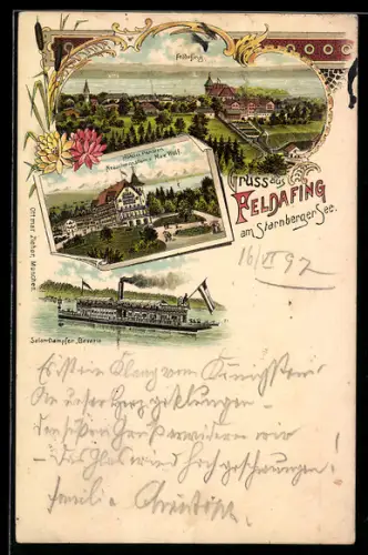Lithographie Feldafing am Starnberger See, Hotel u. Pension Neuschwanstein, Salondampfer Bavaria
