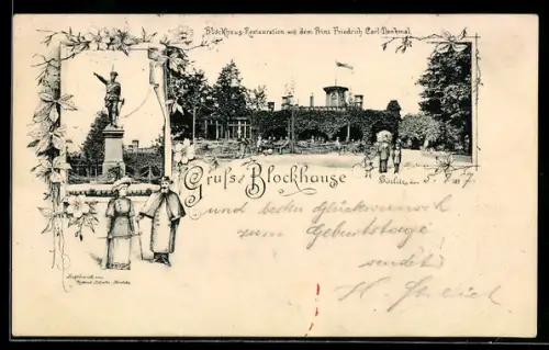 AK Görlitz, Restaurant zum Blockhaus mit Gartenlokal, Prinz Friedrich Carl-Denkmal