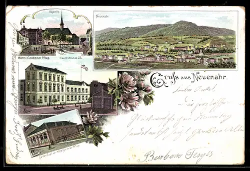 Lithographie Neuenahr, Hotel Goldener Pflug, Hauptstrasse 25, Garten-Saal vom Hotel, Kappelle, Ortsansicht