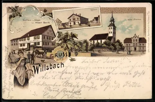 Lithographie Willsbach, Gasthaus zum Ochsen von Alberth Barth, Kirche und Pfarrhaus, Rathaus