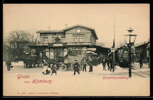 AK Hamburg, Klostertorbahnhof mit Kutschen und haltendem Zug