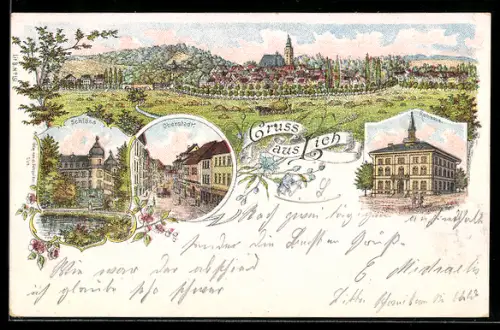 Lithographie Lich, Oberstadt, Schloss, Rathaus, Totalansicht des Ortes