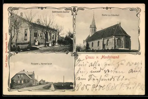 AK Nordstrand, Stöhrmann`s Gasthof, Kirche zu Odenbüll, Postamt und Herrenteich