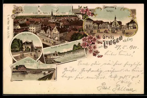 Lithographie Lingen a. d. Ems, Kaiserl. Postamt, Drehbrücke über den Kanal, Marktplatz
