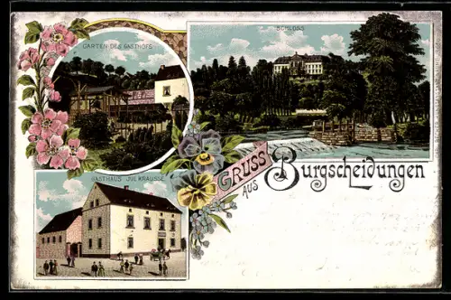 Lithographie Burgscheidungen, Gasthaus Jul. Krause, Garten des Gasthofes, Schloss