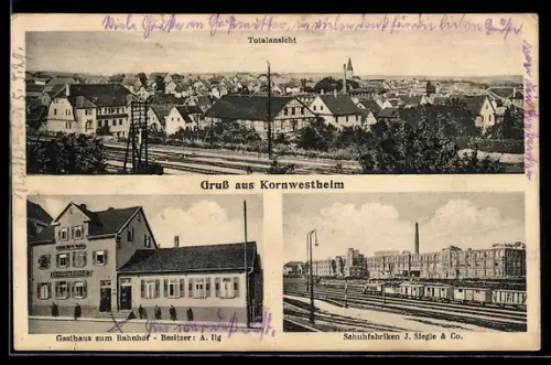 AK Kornwestheim, Gasthaus zum Bahnhof, Schuhfabrik J. Siegle & Co