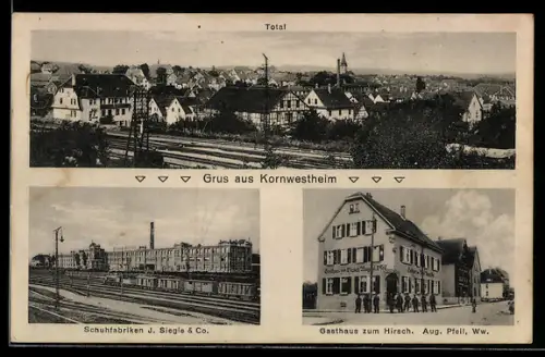 AK Kornwestheim, Gasthaus zum Hirsch von Aug. Pfeil Ww., Schuhfabrik von J. Siegle & Co., Totalansicht des Ortes