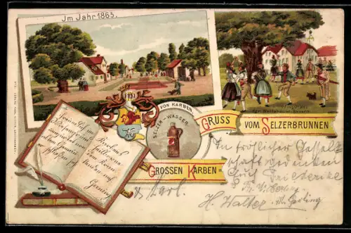 Lithographie Gross-Karben, Selzerbrunnen, Pfingsttanz der Wetterauer Bauern, Selzer-Wasser, Ortspartie 1865
